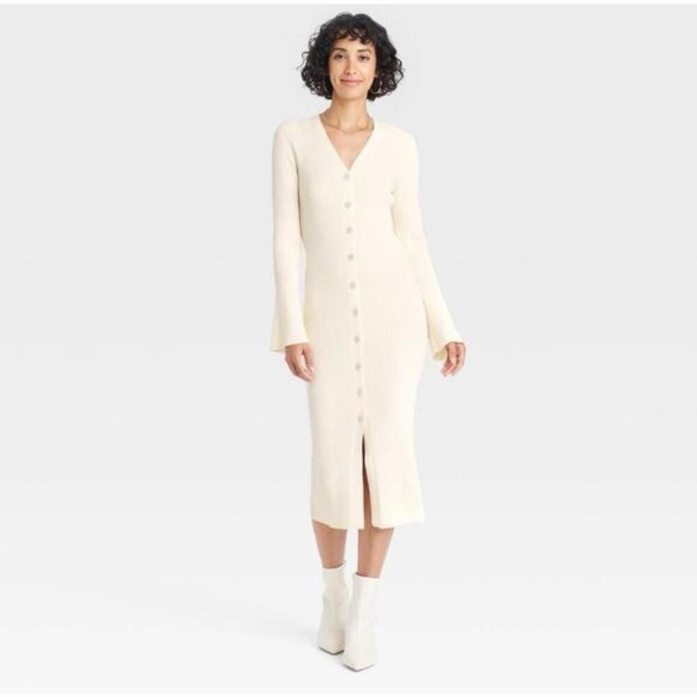 A New Day Cream Ribbed Midi Sweater Dress Bell Sleeve Button Front XS NWT